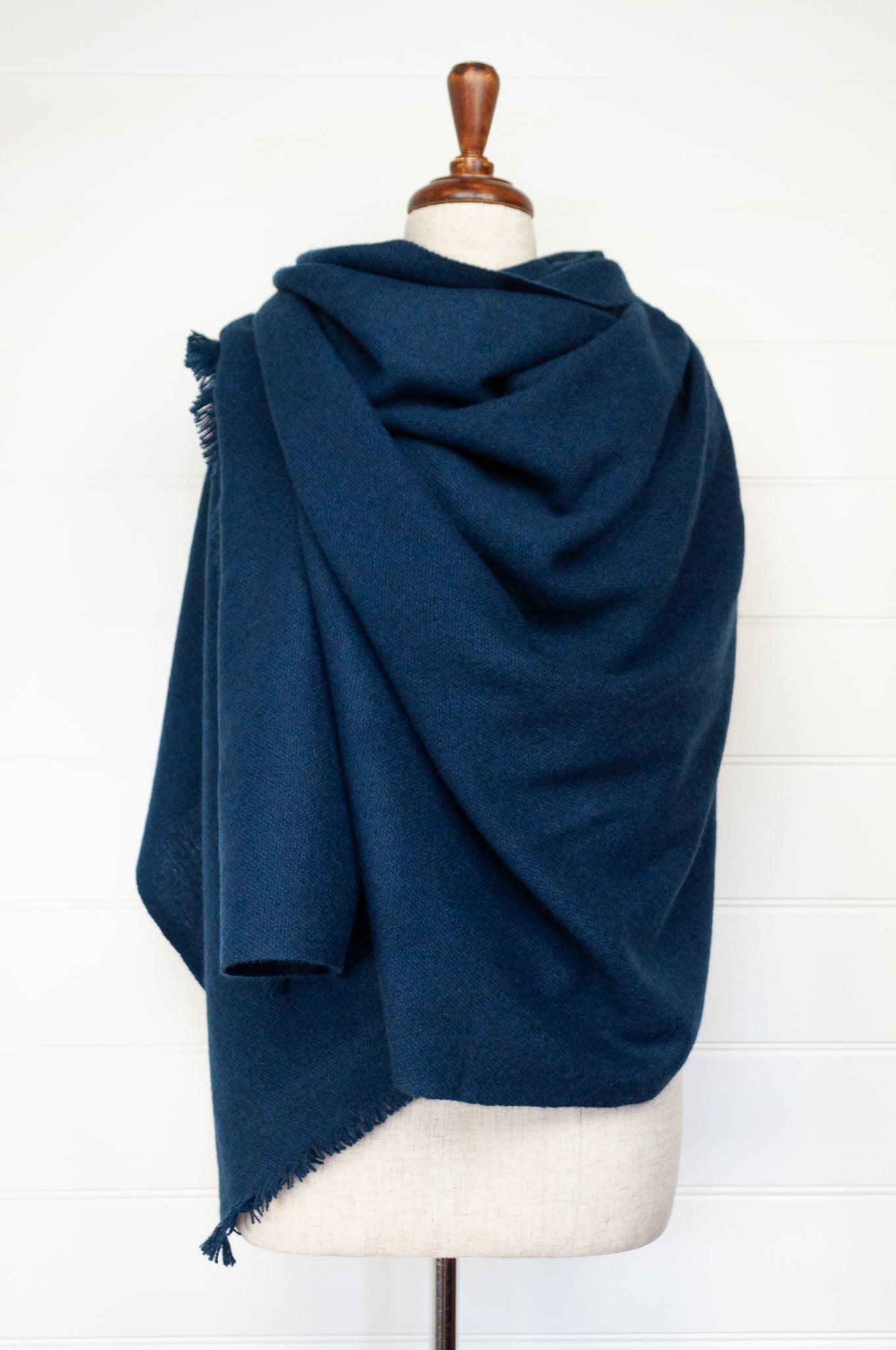 Juniper Hearth baby yak wool handwoven wrap or shawl with fringe on ends, in French navy blue, 100x200cm.