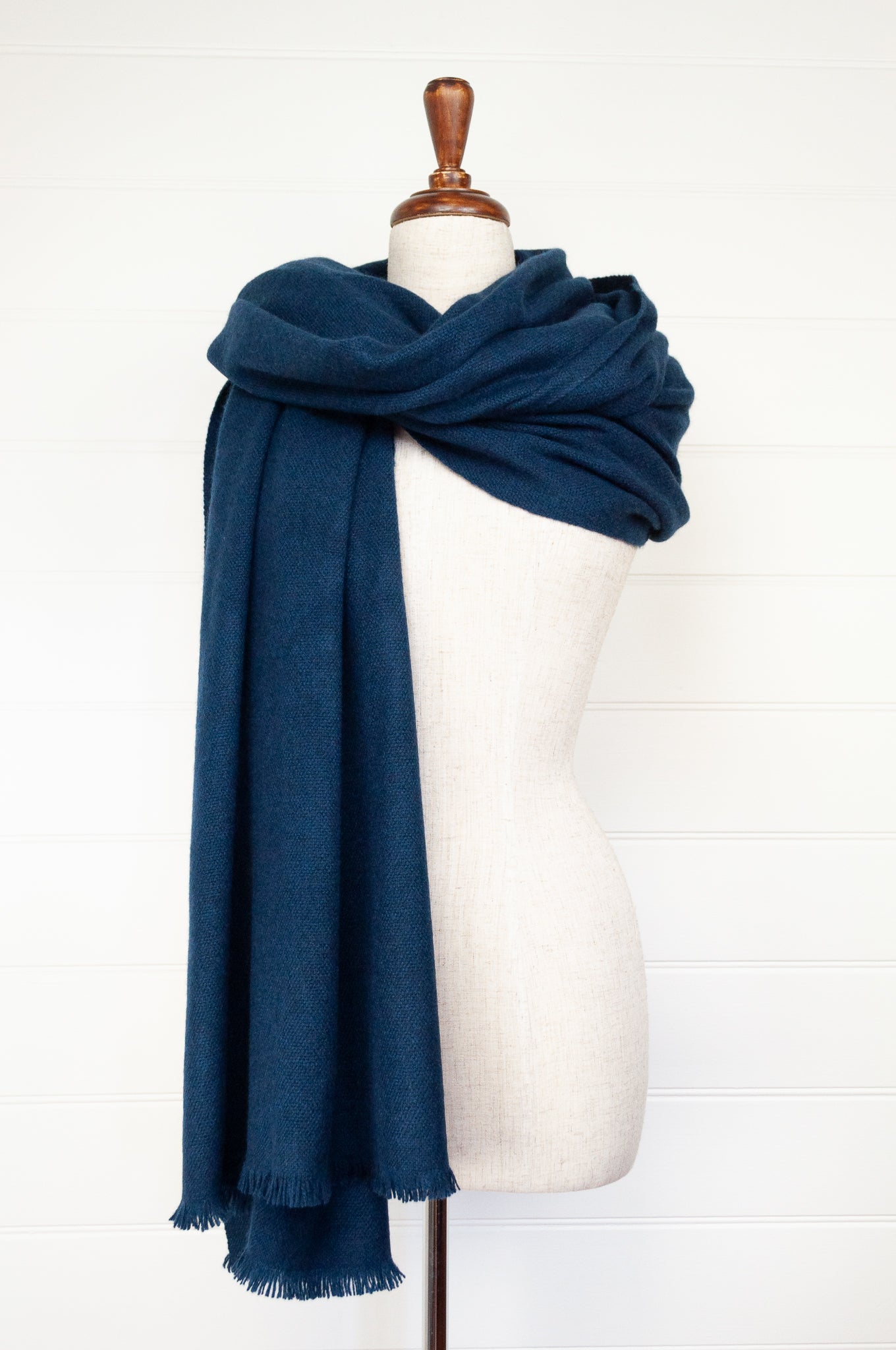Juniper Hearth baby yak wool handwoven wrap or shawl with fringe on ends, in French navy blue, 100x200cm.