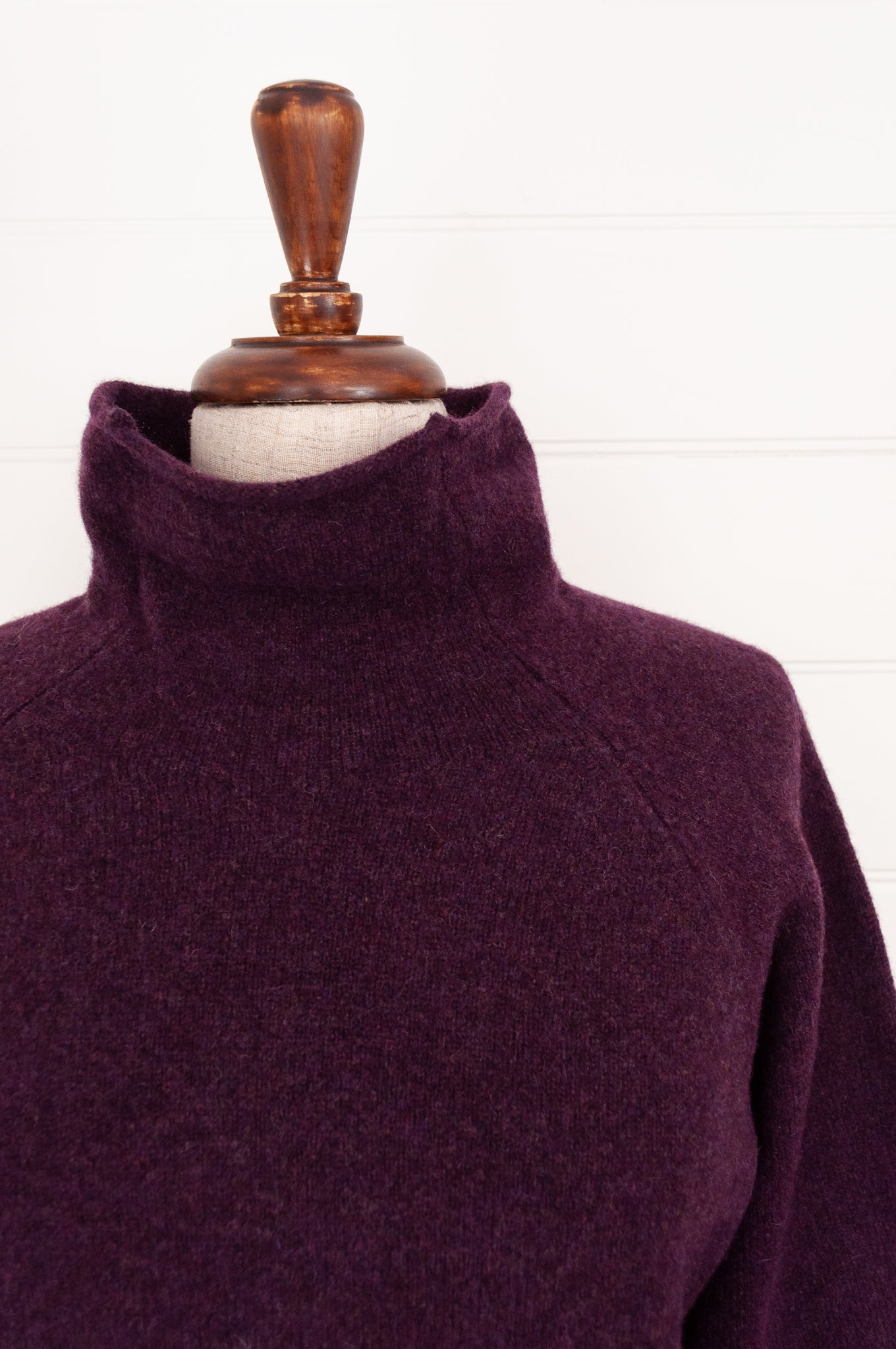 Eribe made in Scotland pure lambswool merino wool Corry raglan sweater, relaxed fit roll neck, in Black grape.