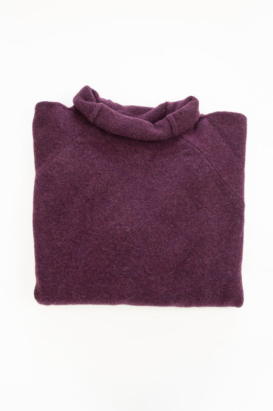 Eribe made in Scotland pure lambswool merino wool Corry raglan sweater, relaxed fit roll neck, in Black grape.