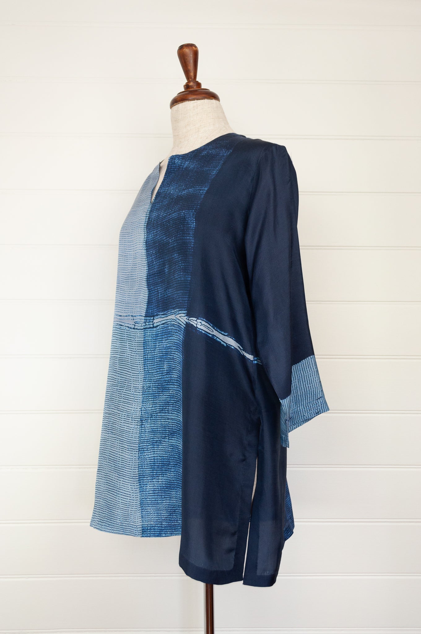 Pure silk shibori dyed silk kurta top in shades of indigo.
