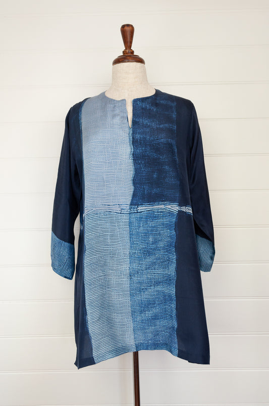Pure silk shibori dyed silk kurta top in shades of indigo.