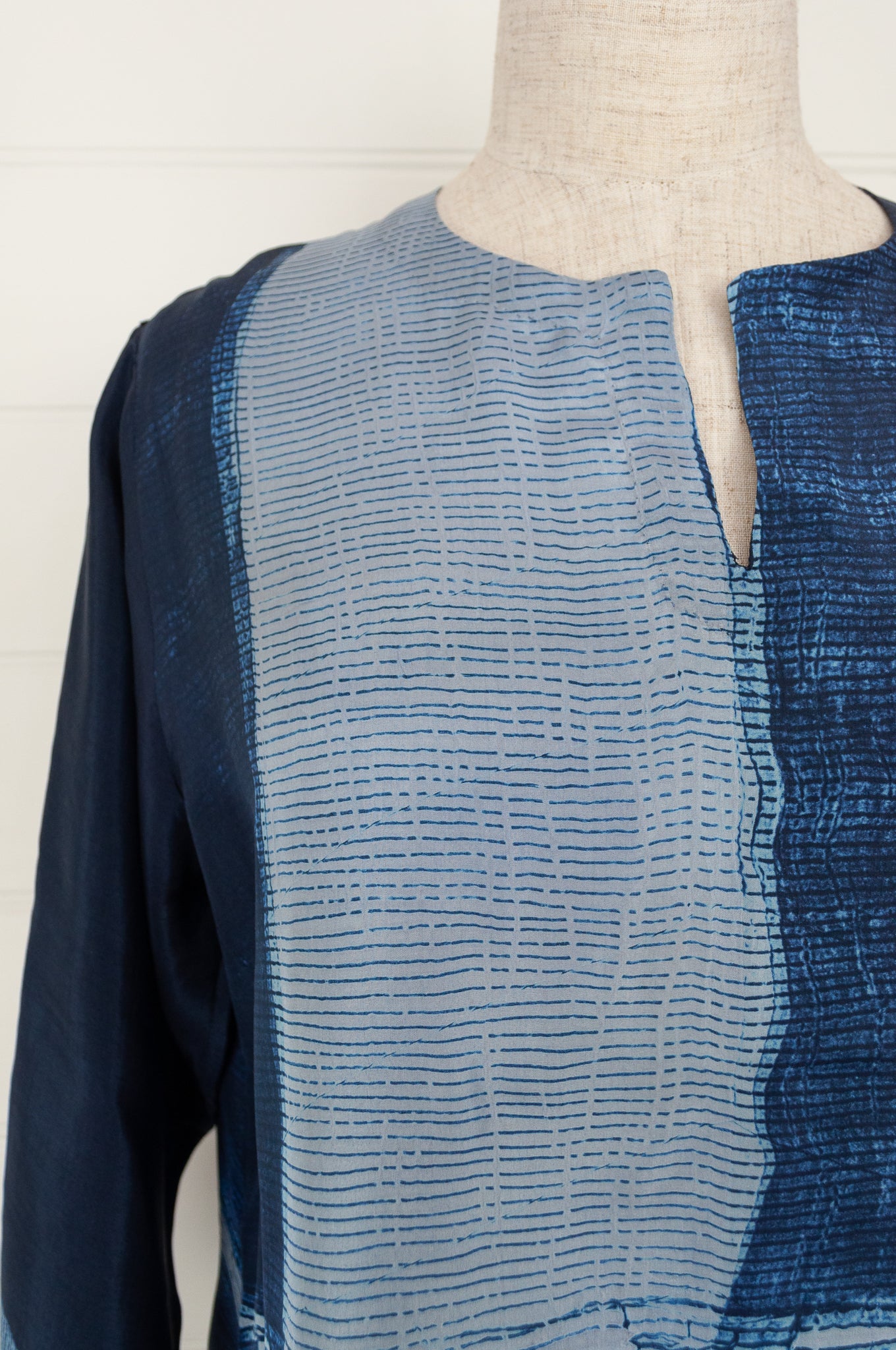 Pure silk shibori dyed silk kurta top in shades of indigo.