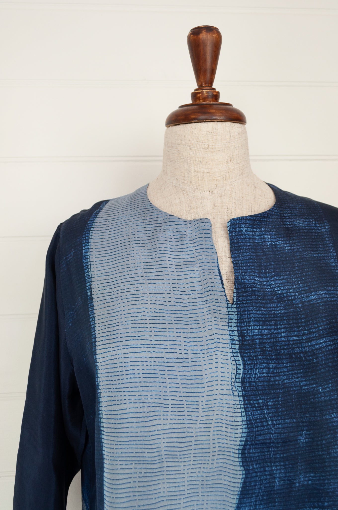 Pure silk shibori dyed silk kurta top in shades of indigo.