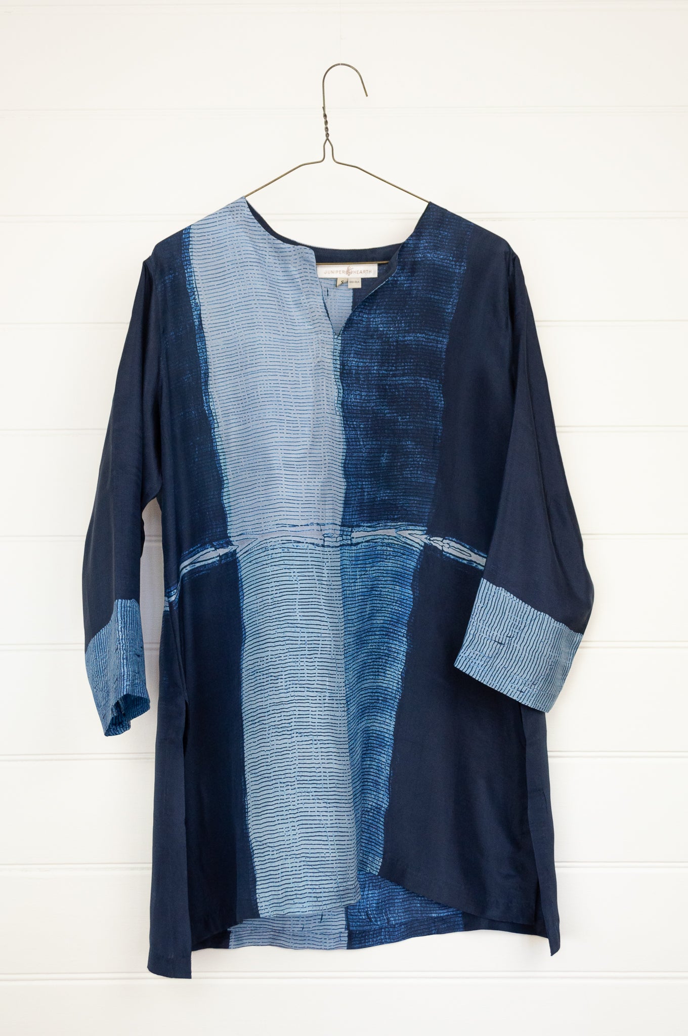 Pure silk shibori dyed silk kurta top in shades of indigo.