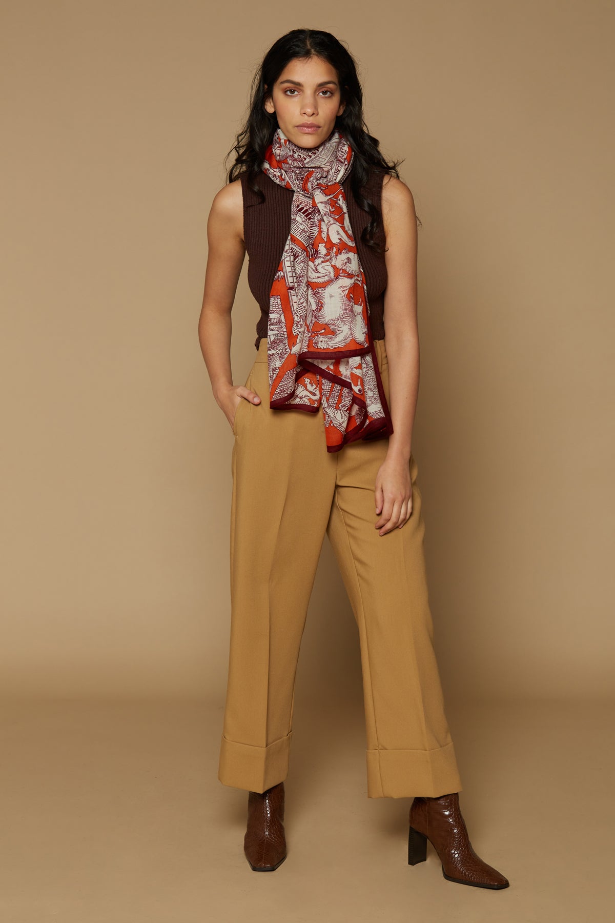 Inoui Editions pure wool scarf Turgot map of Paris with animals surrounding on orange background.