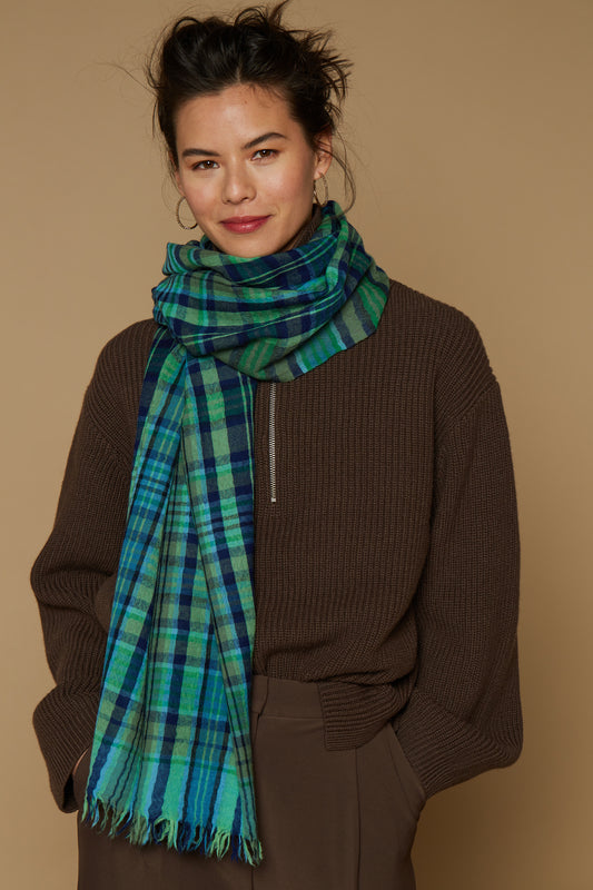 Inoui Editions pure wool scarf Claude plaid in shades of green.