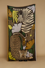 Load image into Gallery viewer, Inoui Editions wool scarf Folk zebra and leopard on a dark brown background with yellow, tan and green flowers.
