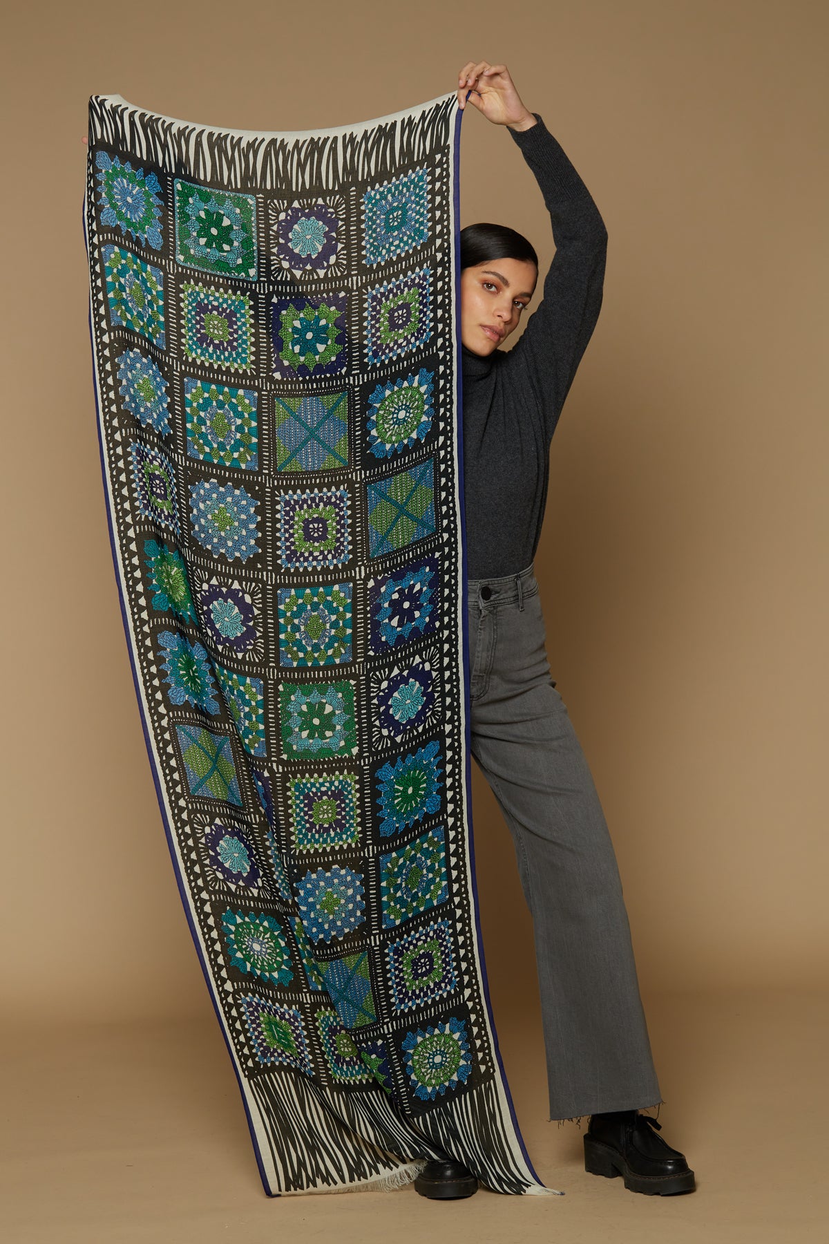 Inoui Editions pure wool scarf crochet Granny square design in shades of green and blue.