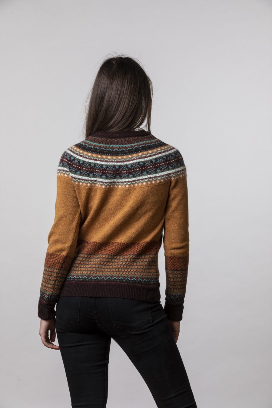 Eribe Alpine fair isle pure wool cardigan made in Scotland, mustard deep yellow gold with highlights in rust, chocolate, ecru and aqua.