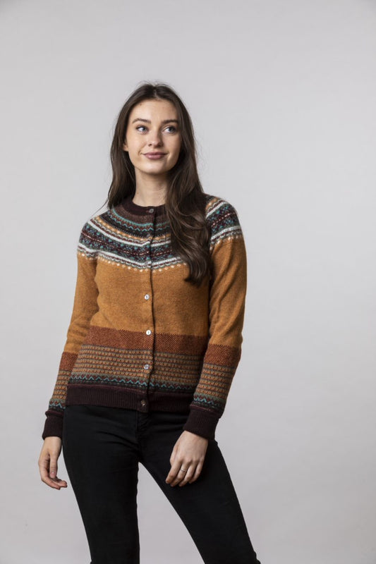 Eribe Alpine fair isle pure wool cardigan made in Scotland, mustard deep yellow gold with highlights in rust, chocolate, ecru and aqua.
