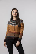 Load image into Gallery viewer, Eribe Alpine fair isle pure wool cardigan made in Scotland, mustard deep yellow gold with highlights in rust, chocolate, ecru and aqua.