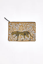 Load image into Gallery viewer, Inoui Editions Eugene embroidered zippered pouch - leopard in yellow and black on saffron yellow background.