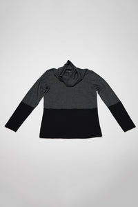 Kimberley Tonkin the Label Benji spliced cowl wool jersey tunic in charcoal and black.