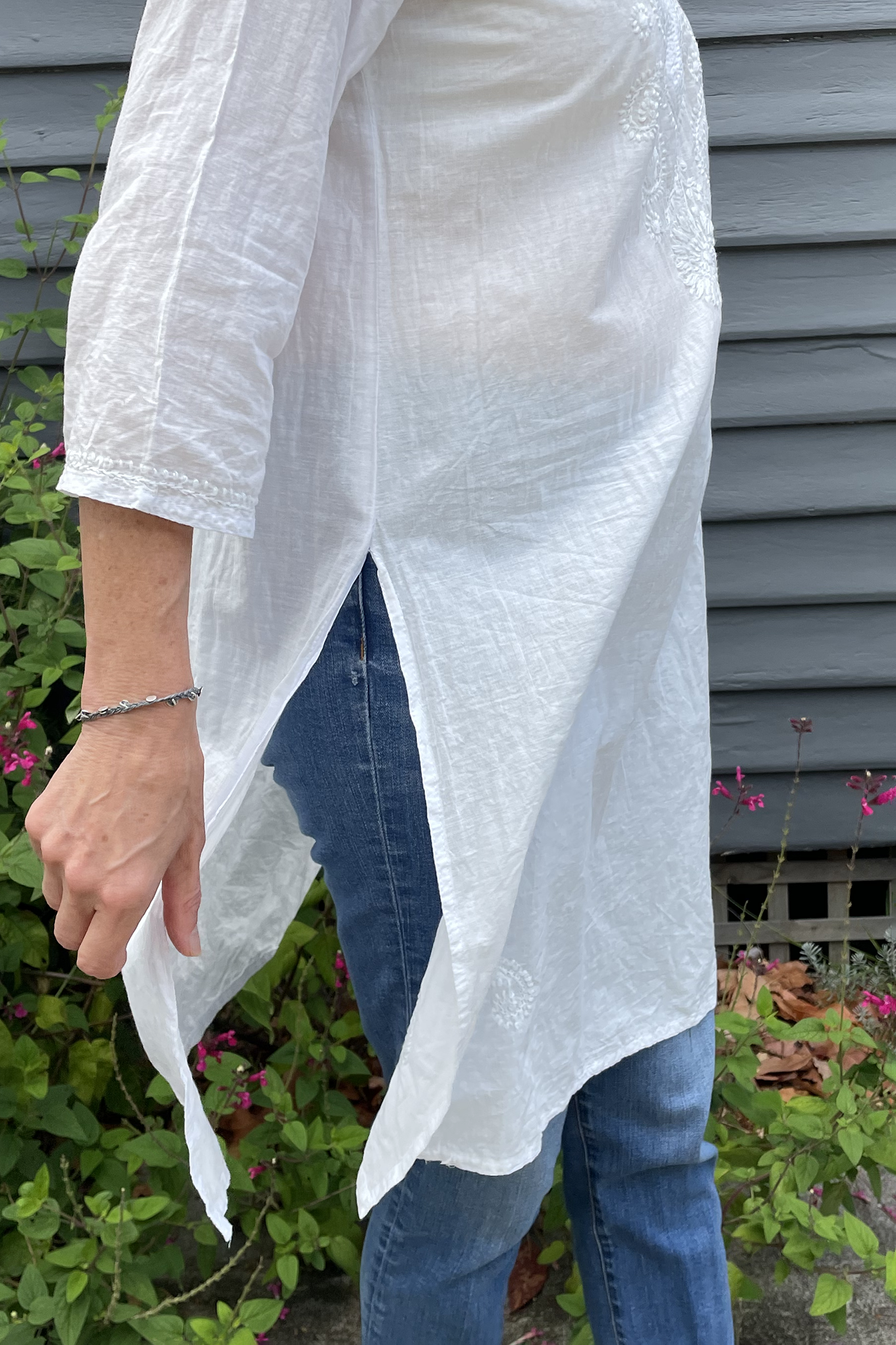 Chikankari white on white embroidered long kurta top.