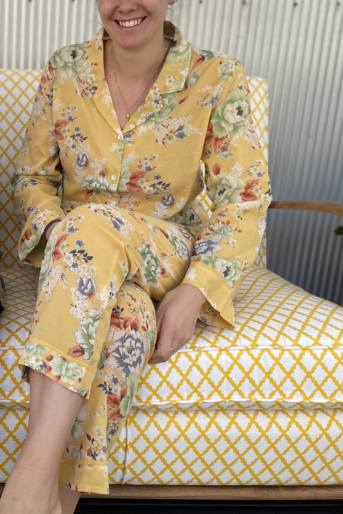 Juniper Hearth cotton voile pyjamas im butter yellow Summer Peony floral print.