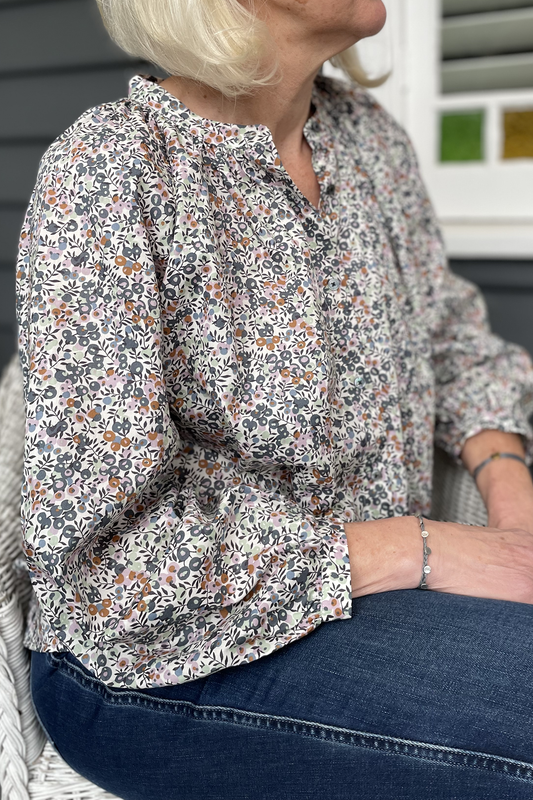 Sorority Clothing Liberty Tana lawn 3/4 sleeve blouse in Wiltshire berry print in soft grey, lilac and tan.