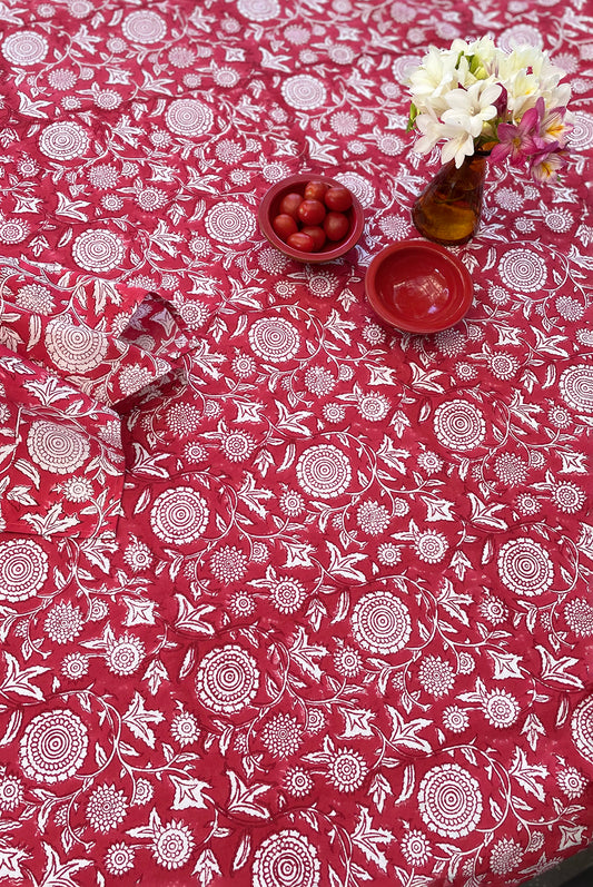 Ethically made artisan block print pure cotton napkin set, crimson red on white floral design with border.