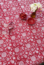 Load image into Gallery viewer, Ethically made artisan block print pure cotton napkin set, crimson red on white floral design with border.