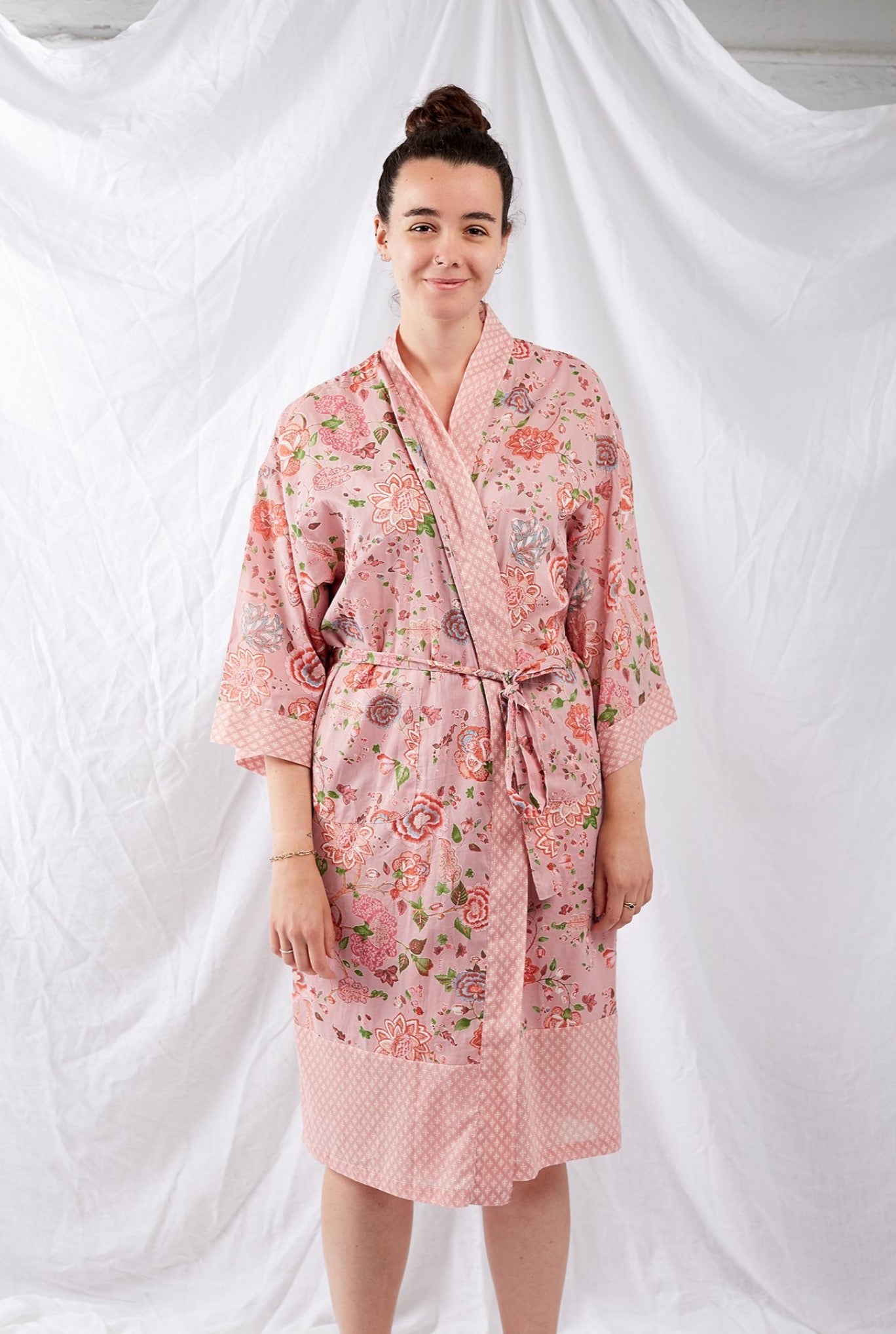 Ethically made, cotton voile kimono robe dressing gown in pink floral print.