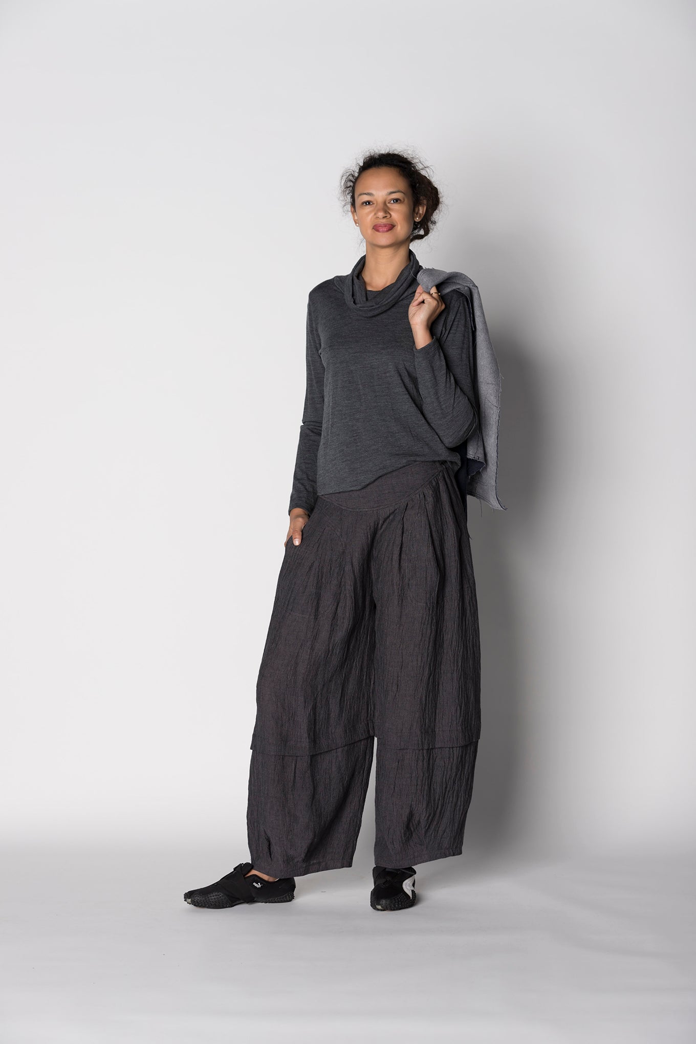 Kimberley Tonkin the Label wool jersey cowl neck skivvy top in charcoal grey.