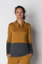 Load image into Gallery viewer, Kimberley Tonkin the Label Benji spliced cowl wool jersey tunic in dijon mustard and charcoal.