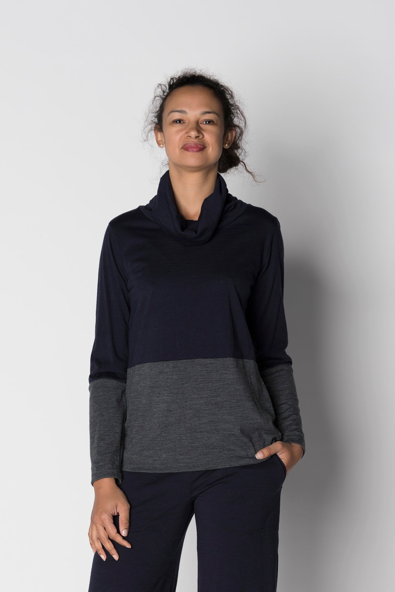 Kimberley Tonkin the Label Benji spliced cowl wool jersey tunic in charcoal and black.