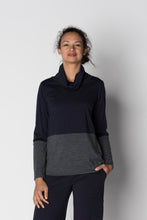 Load image into Gallery viewer, Kimberley Tonkin the Label Benji spliced cowl wool jersey tunic in charcoal and black.