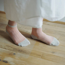 Load image into Gallery viewer, Memeri made in Japan coral pink and white herringbone pattern cotton socks.