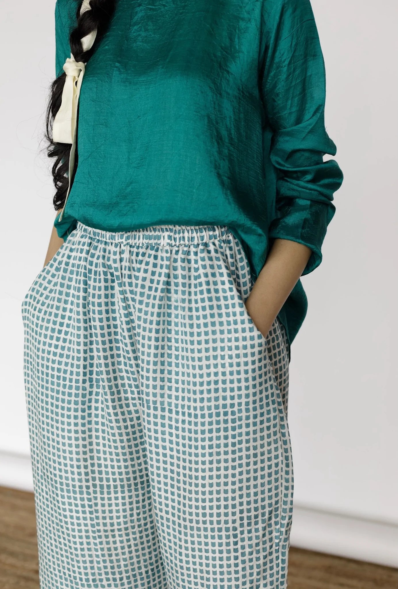 Mason and MIll pyjama style silk pyjamas blockprint in jade green on ecru.