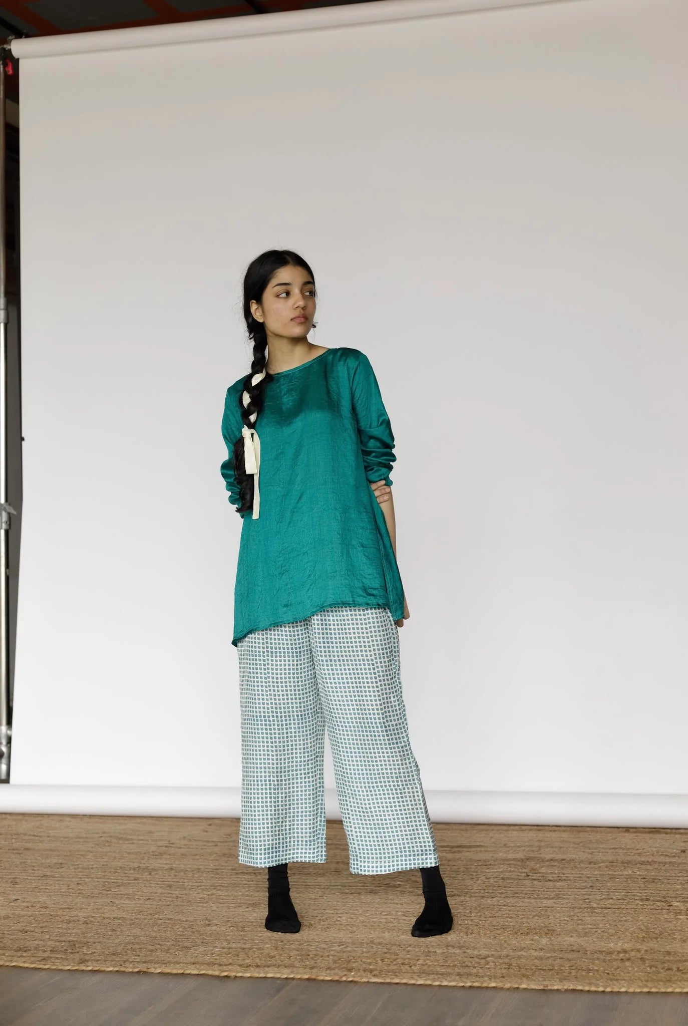 Mason and MIll pyjama style silk pyjamas blockprint in jade green on ecru.