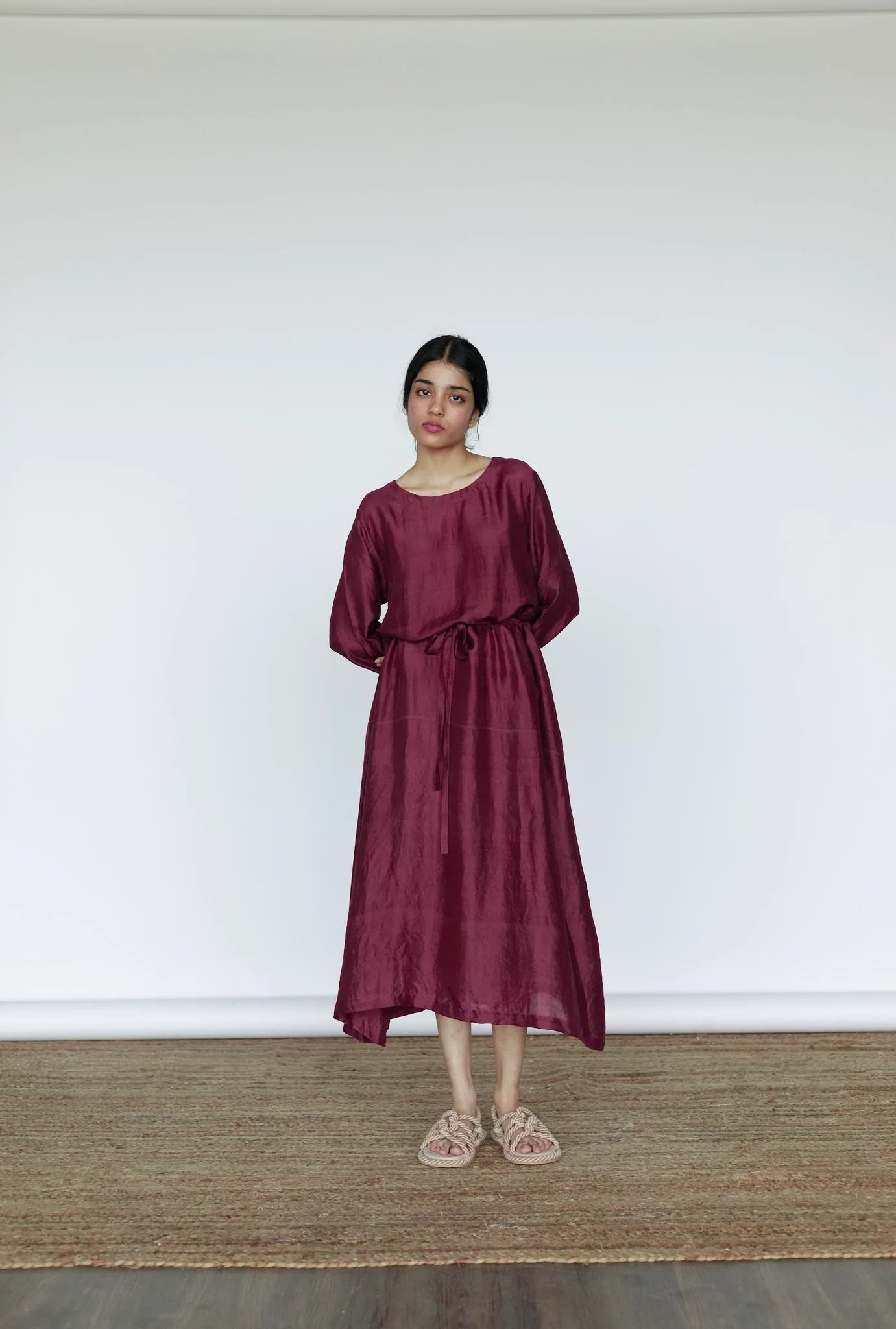Mason and Mill mulberry silk Ruby dress, loose fitting a-line long sleeves with belt.