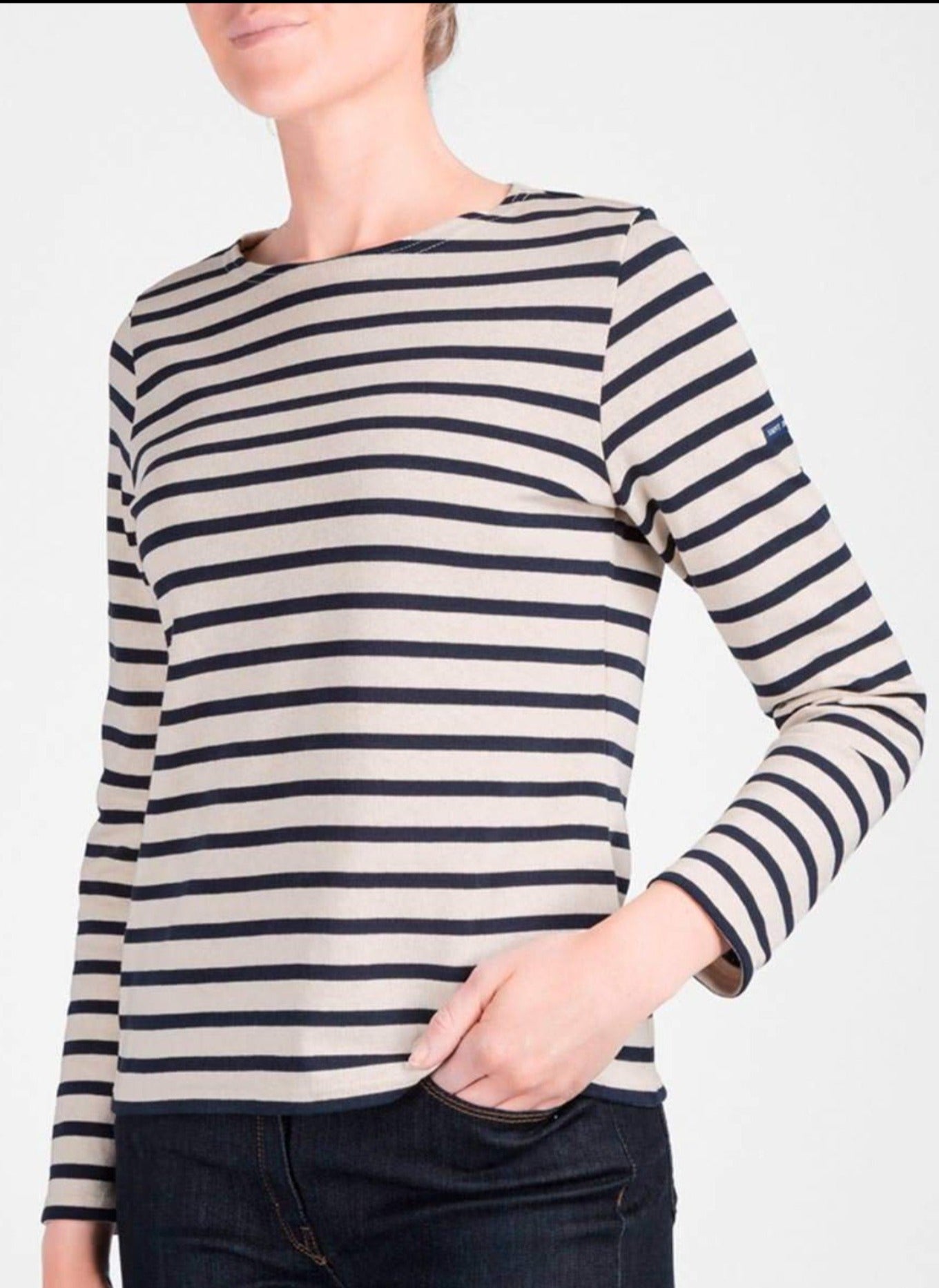 Saint James classic Meridame blue and ecru striped fisherman's long sleeved t-shirt, made in France.