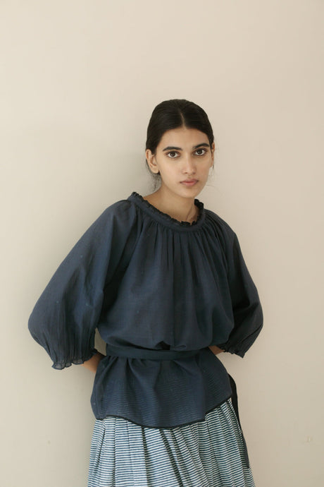 Runaway Bicycle handloom cotton Noor blouse, loose fit gathered neck and sleeves with optional belt.