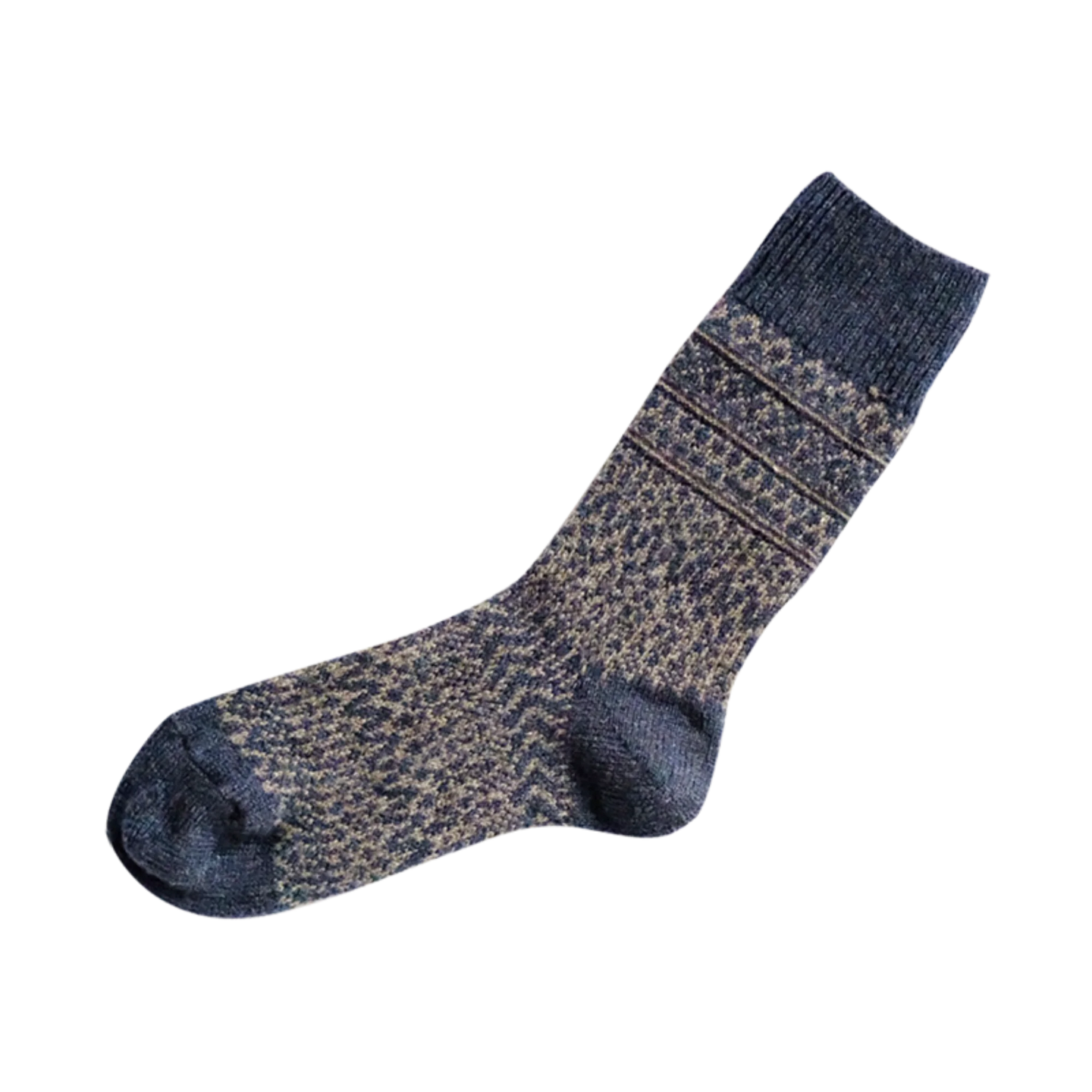 Nishigushi Kutsushita Oslo wool jacquard fairisle sock in navy with grey pattern.