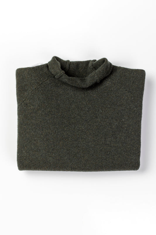 Eribe made in Scotland pure lambswool merino wool Corry raglan sweater, relaxed fit, roll neck, in Seaweed, deep olive green.