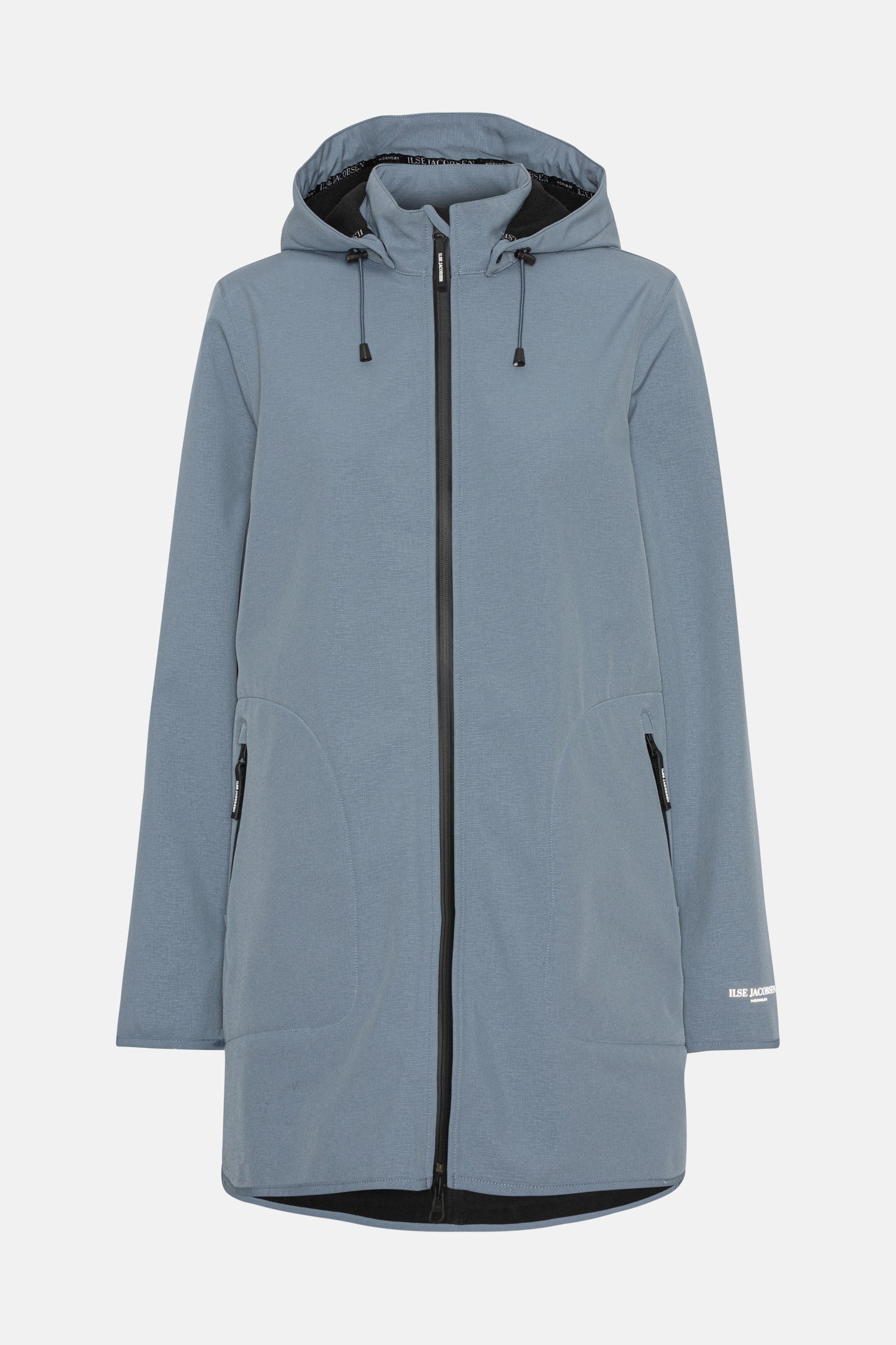 Ilse Jacobsen fully lined A-line hooded raincoat in winter ocean blue.