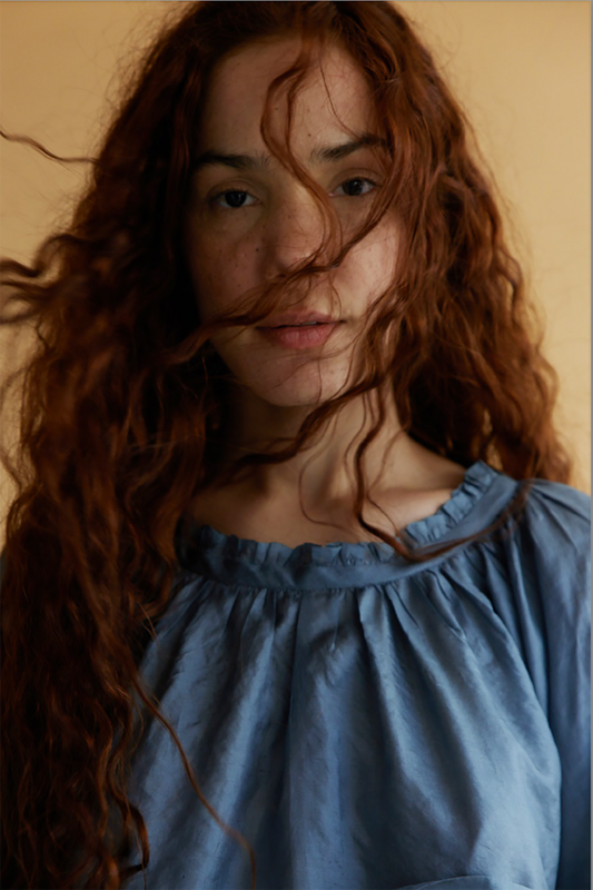 Runaway Bicycle handwoven silk Astrid top, pleated, gathered neck and sleeves in steel blue.