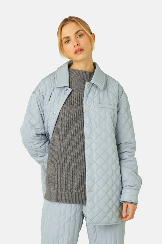 Ilse Jacobsen quilted shirt jacket style in light petroleum blue.