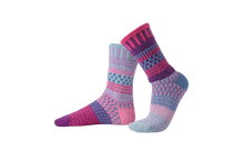 Load image into Gallery viewer, Solmate mismatched socks made in the US from recycled cotton, Twilight in colours of Arctic blue, Lilac, Flamingo Pink, Purple, Sky Blue, and Carnation Pink. 