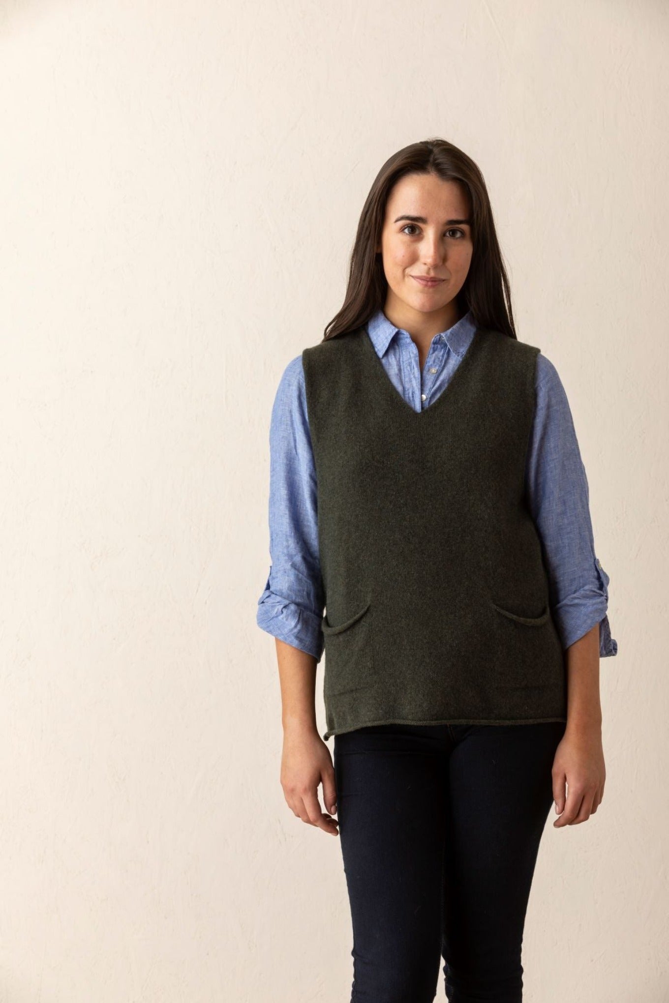 Eribe merino wool Corry V-neck tank top in seaweed olive green.