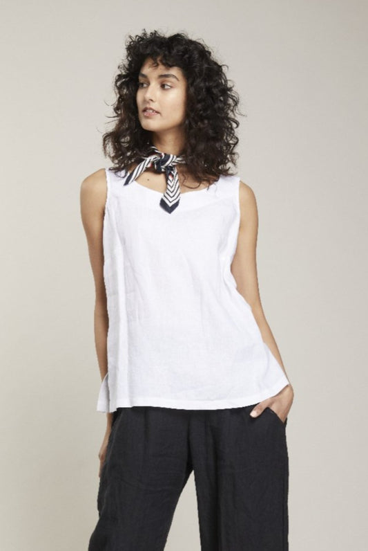 Valia Eva singlet in white linen front and cotton knit back.
