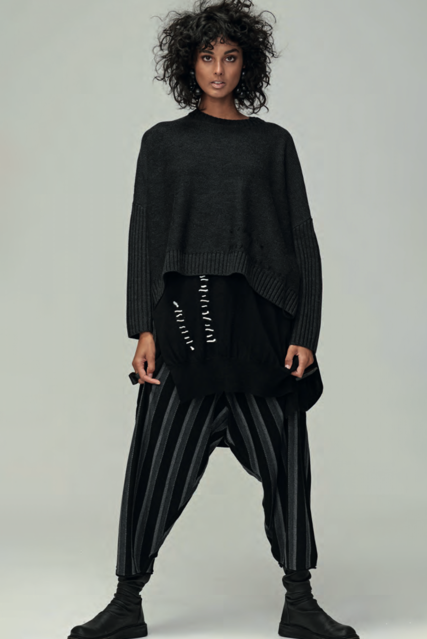 Banana Blue designed in Melbourne Australian merino wool knit pants in dark charcoal, grey and black vertical stripes.