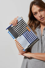 Load image into Gallery viewer, Mapoesie French design cotton canvas zippered pouch, Drapeau in Bleu, blue and white and tan stripes.
