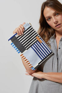 Mapoesie French design cotton canvas zippered pouch, Drapeau in Bleu, blue and white and tan stripes.