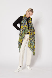 Ma Poesie Octave wool scarf in fumee, checks in grey, turquoise, yellow and soft teal.