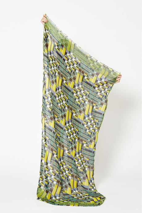 Ma Poesie Octave wool scarf in fumee, checks in grey, turquoise, yellow and soft teal.
