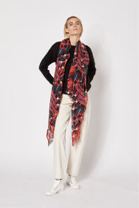 Ma Poesie Octave wool scarf in rosewood, checks in deep pink, black, white, and teal.