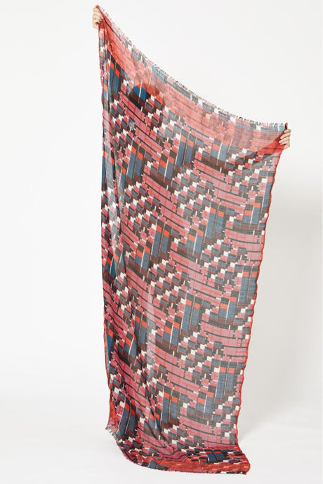 Ma Poesie Octave wool scarf in rosewood, checks in deep pink, black, white, and teal.