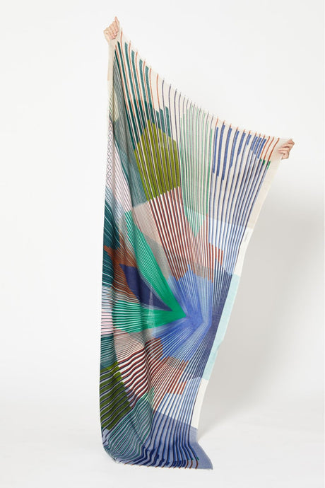 Ma Poesie Sequence wool scarf in olive, multicolour graphic design.